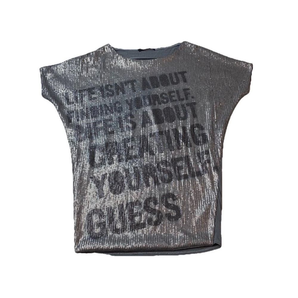 Guess Los Angeles Sequined Top All Over Print Sz XS Short Sleeve Quote Rare Y2k
